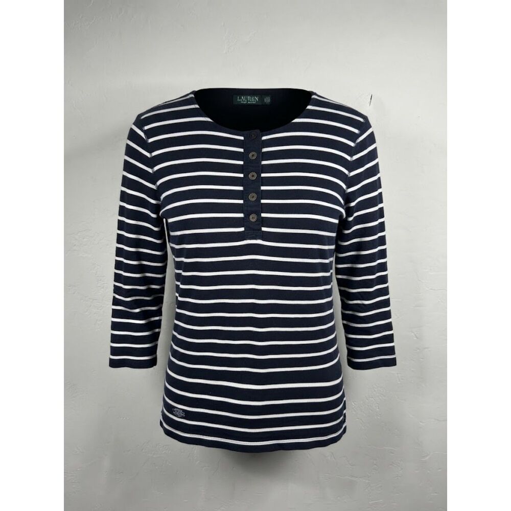 Lauren Ralph Lauren Black & White Striped 3/4 Sleeve Henley Top Sz XL